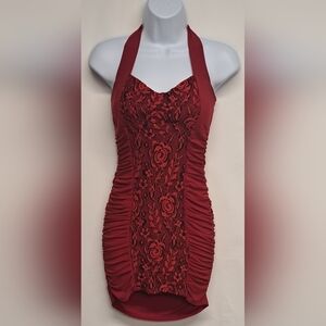 Solar Red Bodycon Stretch Ruched Dress Tie Around Neck Lace Embroidery S
